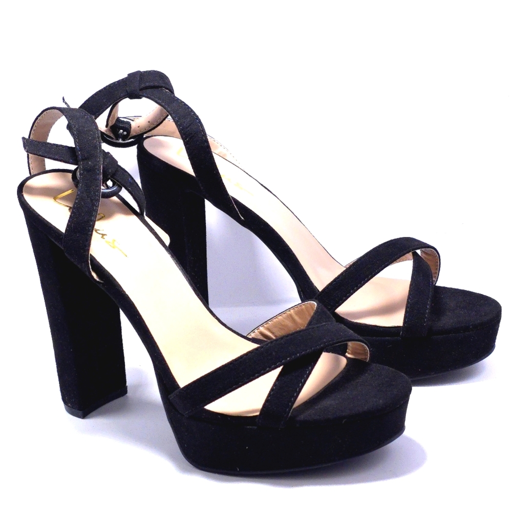 Merona Lulu Women’s Black Heels Platfoform Size 6.5 Open Toe Ankle Strap Suede